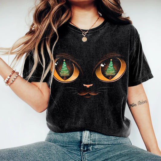 Abstract Creative Christmas Tree In Cat Eyes Pattern Print Cotton Graphic T-Shirt elevenforest