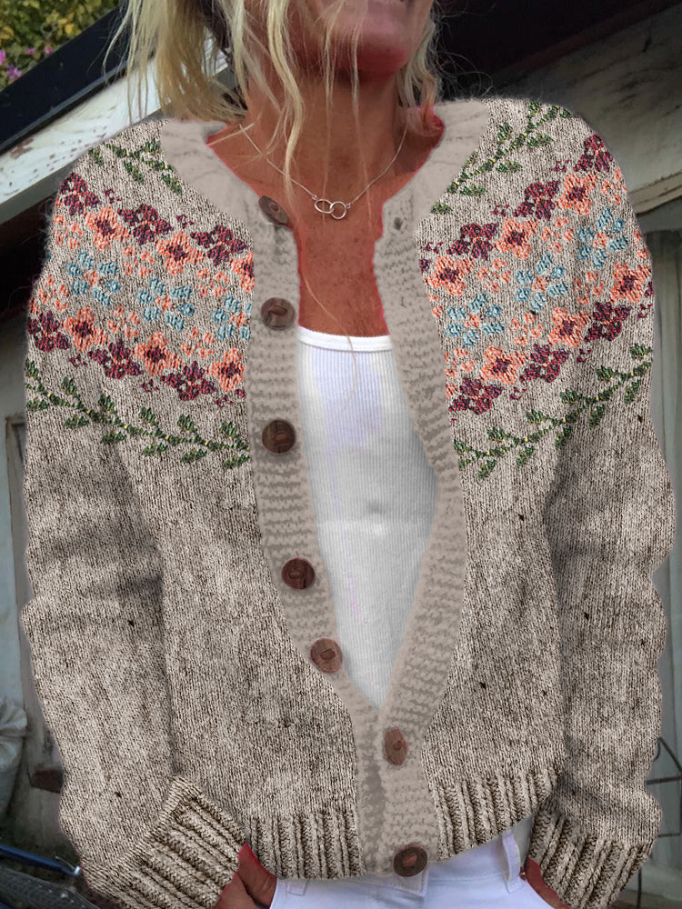 Vintage Icelandic Floral Art Print Cozy Button Sweater elevenforest