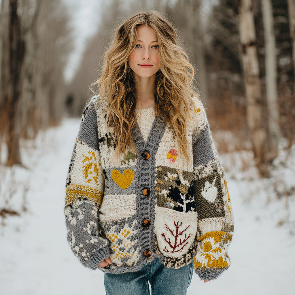 Women's Flower Tree Heart Patchwork Button-detailed Warm Cardigan Sweater artswardrobe