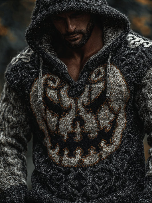 Men's Halloween Pumpkin Face Celtic Hooded Cozy Chunky Sweater elevenforest