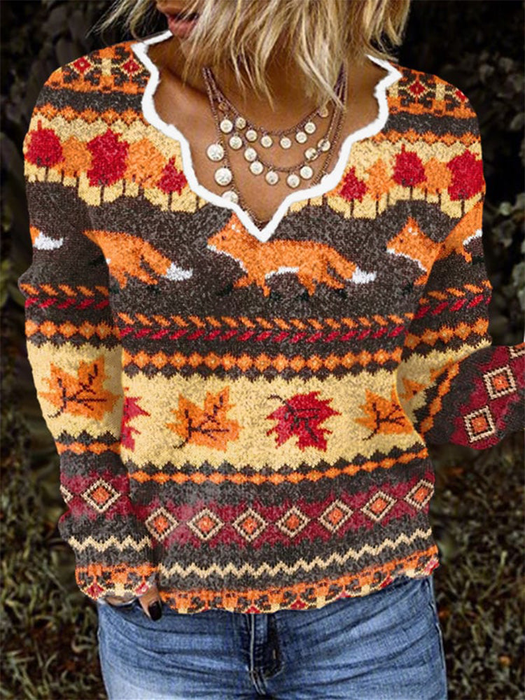Women's The Fox And Foliage Casual Printed Knit Top artswardrobe