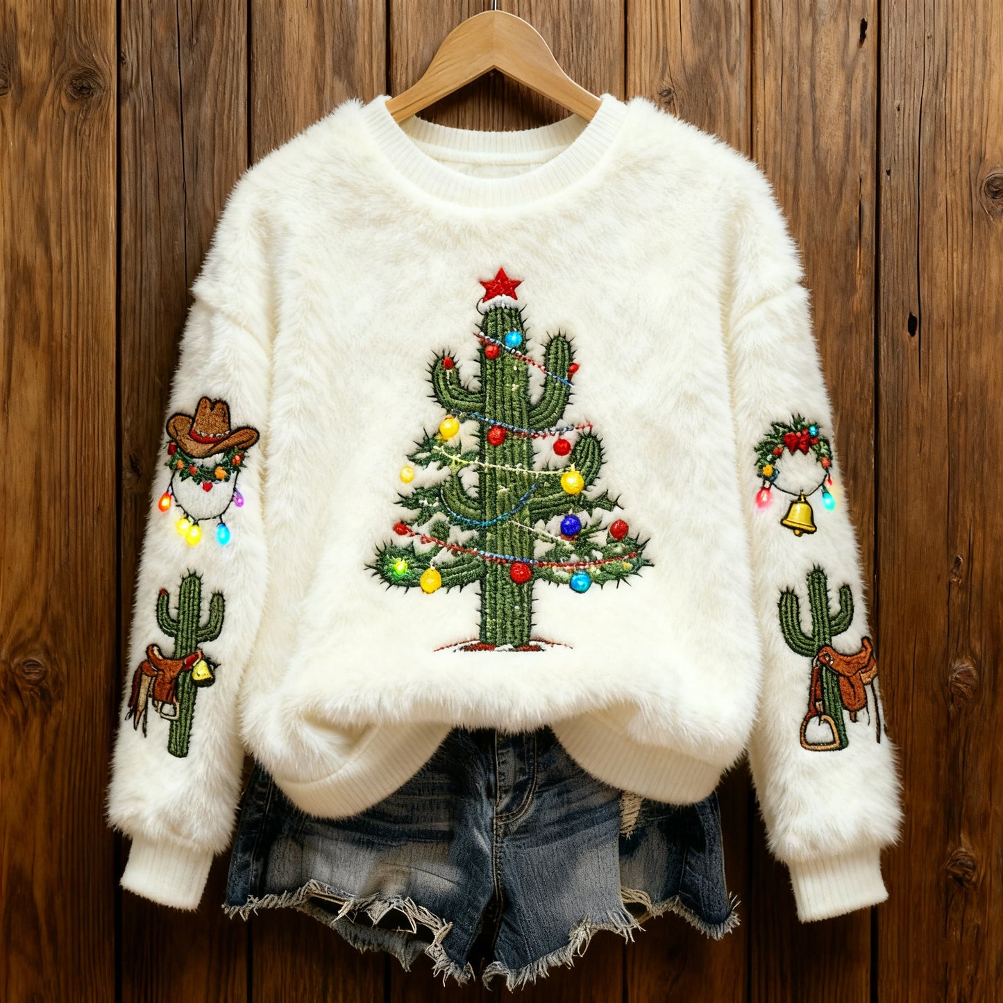Comstylish Warm Crew Neck Sweater With Cactus And Christmas Tree Pattern