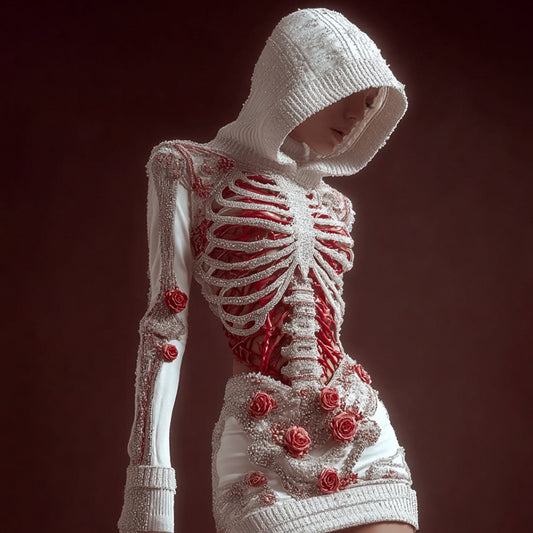 Women's Skeleton Roses Art Cozy Knit Hooded Mini Sweater Dress artswardrobe