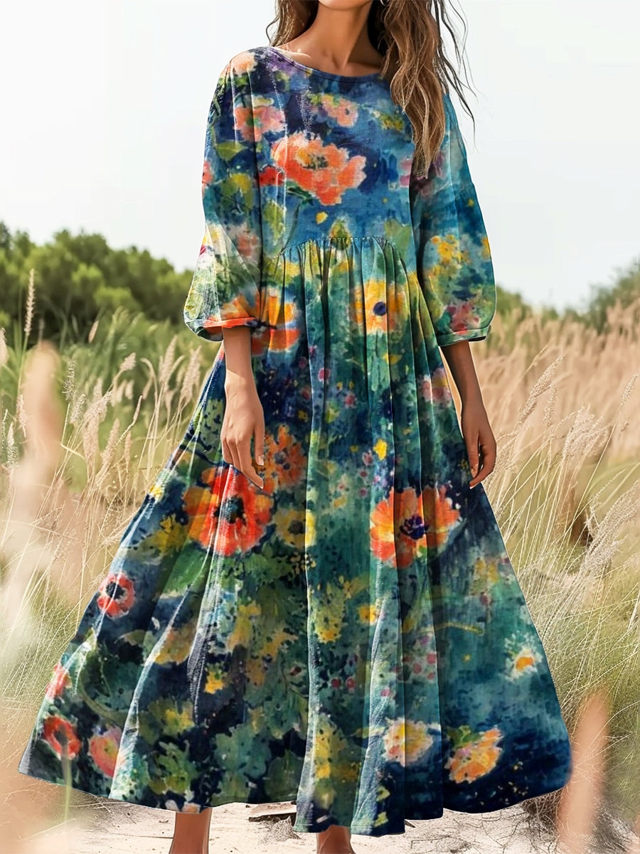 Women's Watercolor Floral Art Print Flowy Cotton Crew Neck Dress