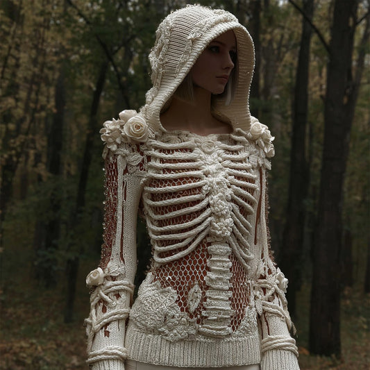 Women's Halloween Skull And White Rose Mesh Sweater artswardrobe