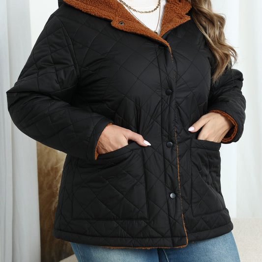 LM | Plus size plush lined quilted jacket with hood