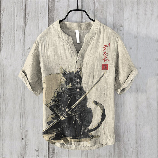 Japanese Cat Ninja Art Print Henry Collar Shirt elevenforest