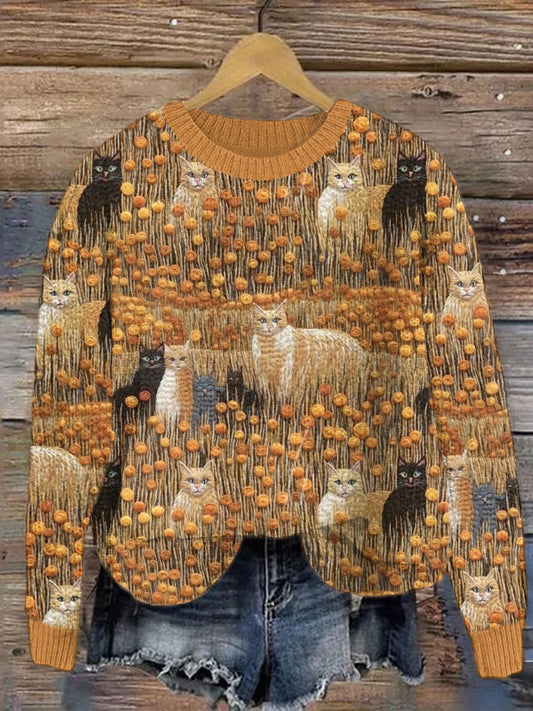Fall Cats Embroidery Pattern Cozy Knit Sweater elevenforest