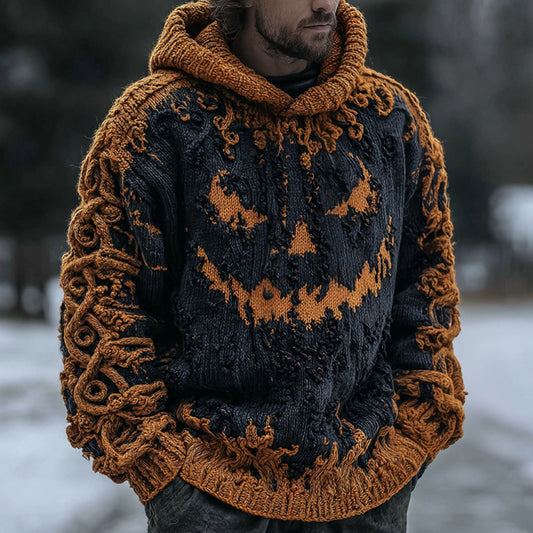 Men's Halloween Pumpkin Face Contrast Knit Hooded Sweater elevenforest