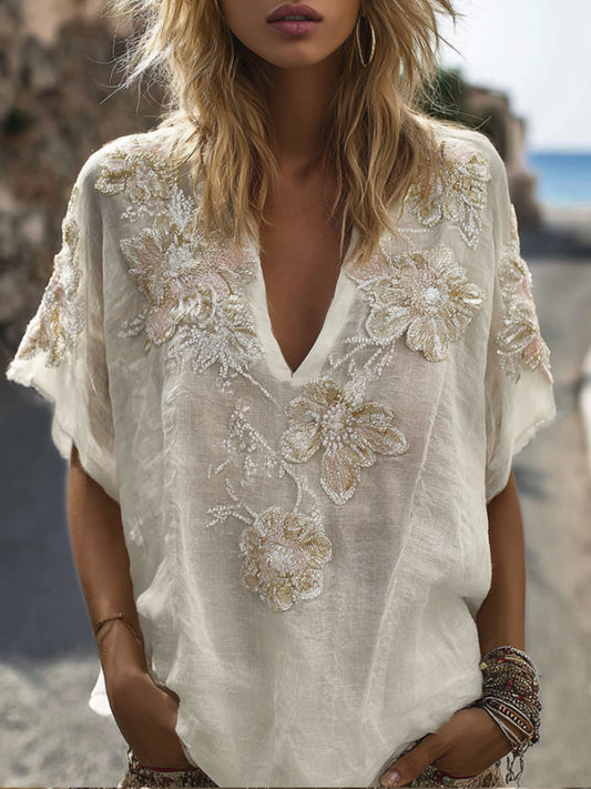 Bohemian Floral Sequin Vintage White Thin Vintage Chain-embroidered V-neck Short-sleeved Shirt artswardrobe