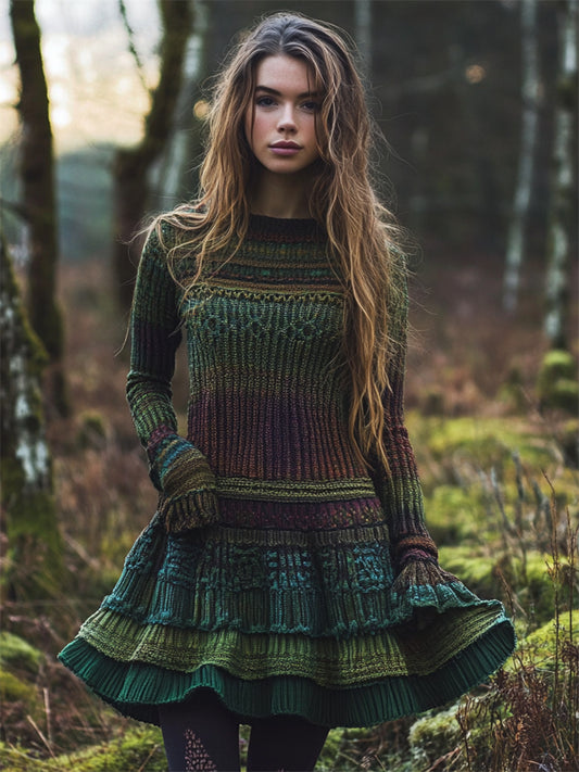 Colorful Layered Patchwork Cozy Knit Flare Sweater Midi Dress artswardrobe