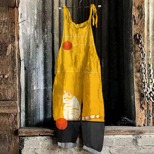 Abstract Creative Cute Sulking Cat Painting Art Print Loose Casual Jumpsuit elevenforest