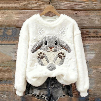 Lovely Bunny & Snow Embroidered Cozy Plush Sweatshirt artswardrobe