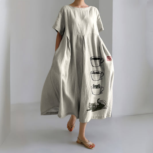 Women's Cat Coffee Cup Japanese Art Painting Print Midi Dress elevenforest