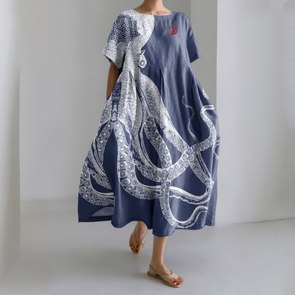 Comstylish Japanese Art Octopus And Crab Print Casual Art Linen Blend Maxi Dress