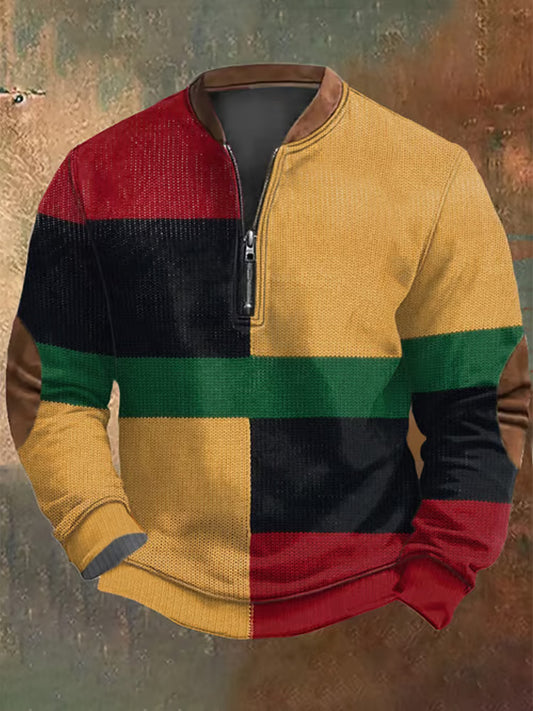 Men's Retro Western Textured Print Zip Collar Sweatshirt elevenforest