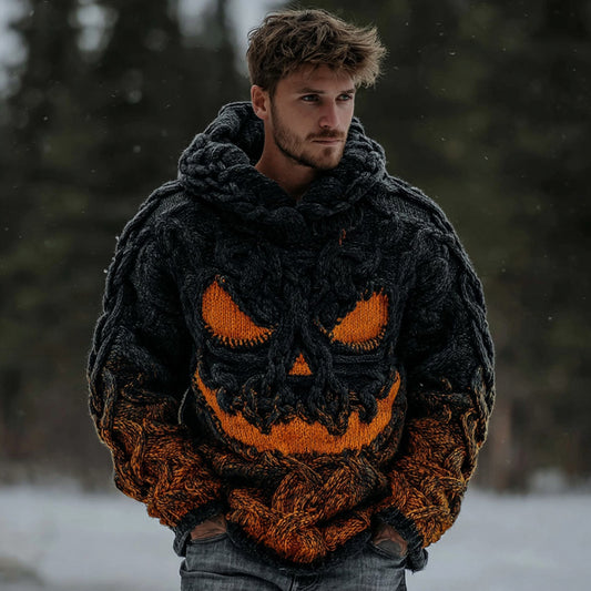 Men's Halloween Spooky Face Gradient Inspired Knitted Cozy Hooded Sweater elevenforest