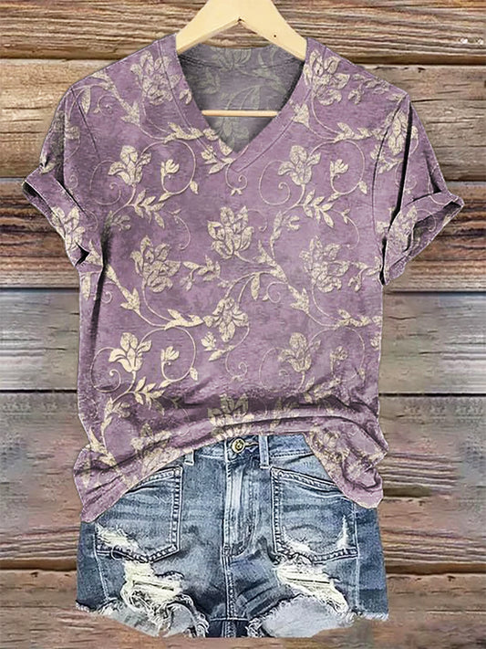 Women's Vintage Folk Art Floral Pattern Print V-neck Casual T-Shirt