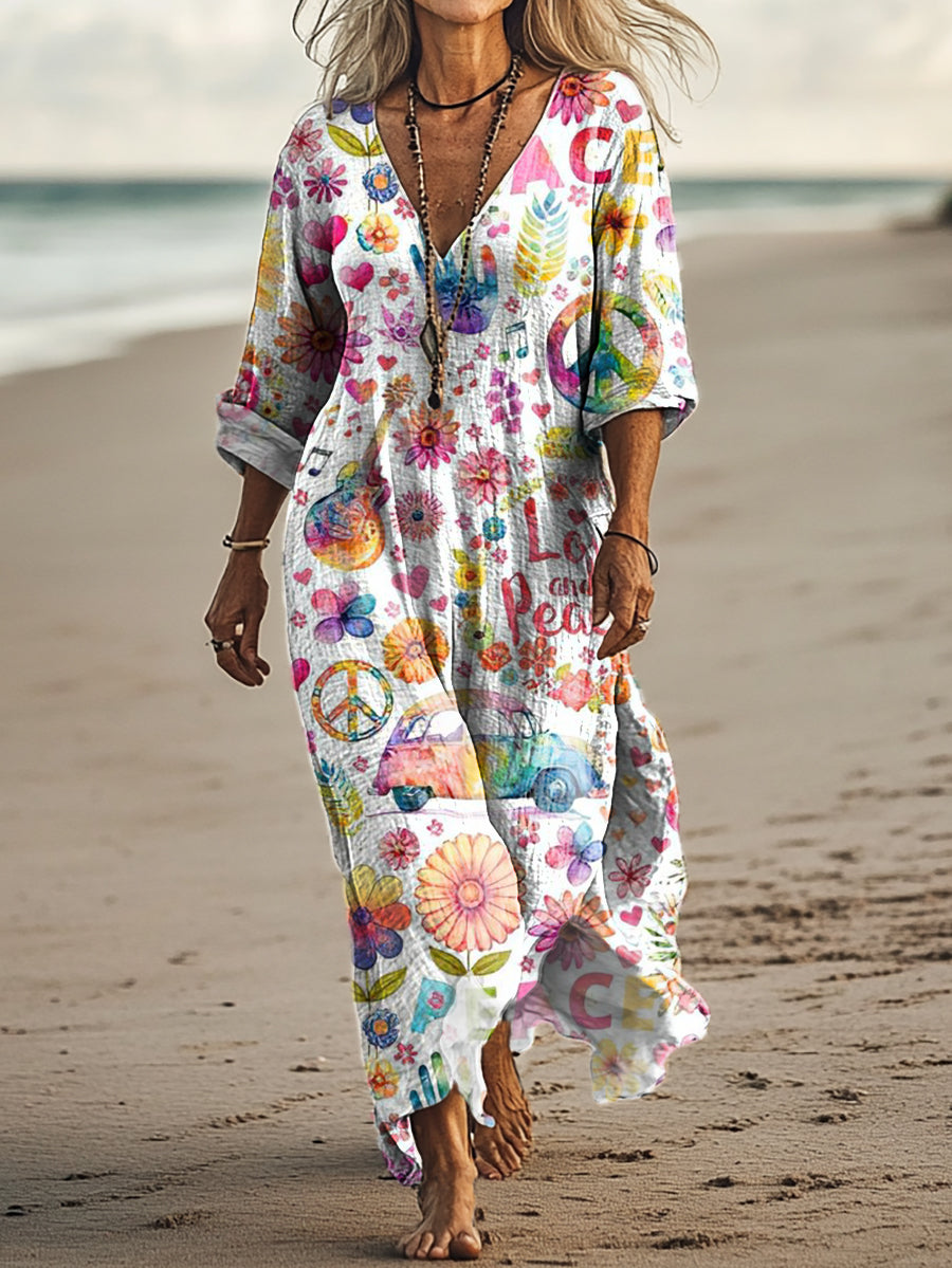 Women's Hippie Art Print Pocket Cotton Dress