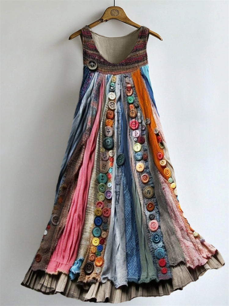 Boho Colorful Textile Flowy Linen Blend Tank Dress artswardrobe