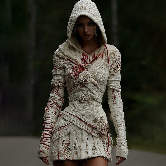 Comstylish Women's Halloween Muscle Anatomy Bandage With Rose Art Cozy Knit Hooded Sweater Dress