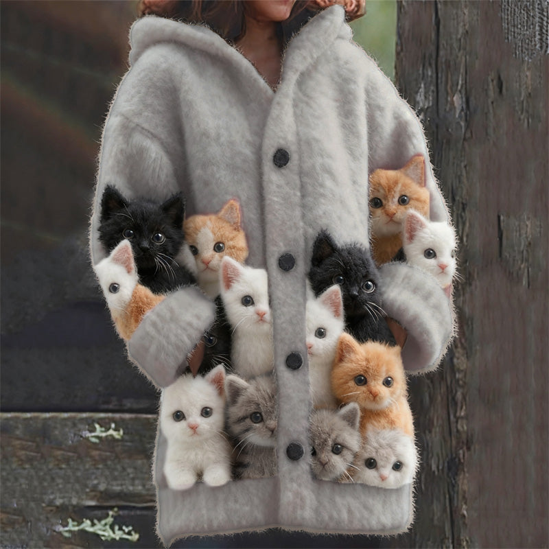 Comstylish Lovely Fuzzy Cats Cozy Knit Hooded Cardigan