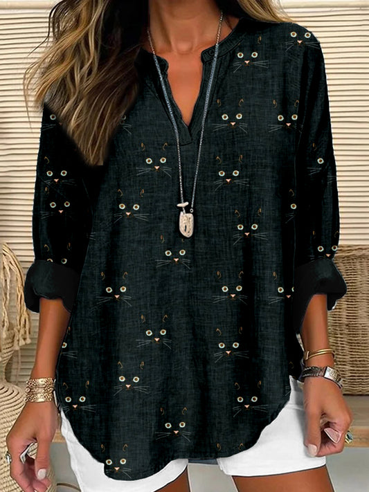 Cute Cat Face Pattern Linen Blend Cozy Shirt elevenforest