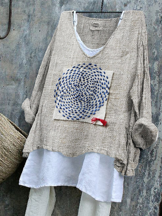 Geometric Japanese Sashiko Fiber Art Linen Blend Tunic artswardrobe