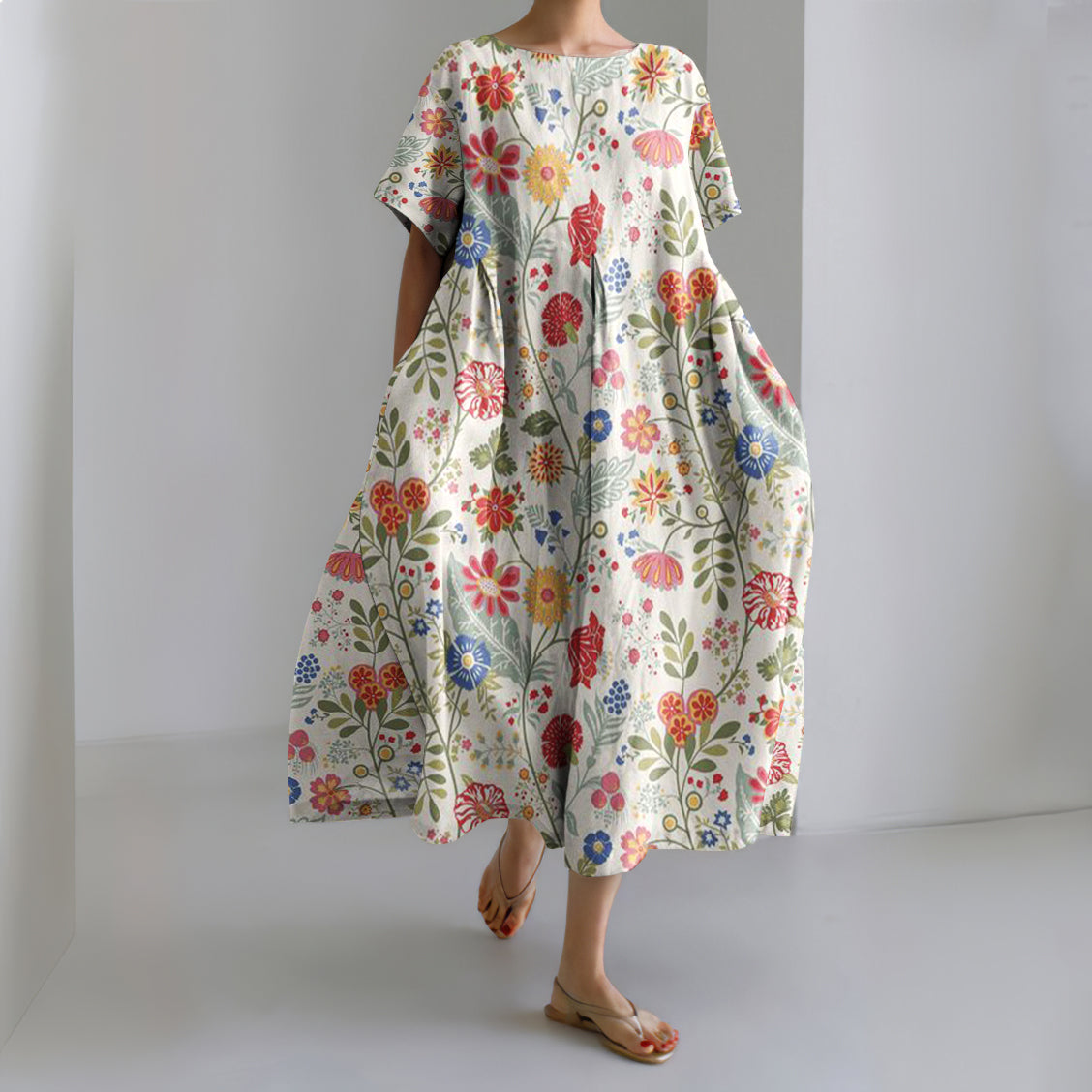Comstylish Women's Pastoral Floral Art Print Casual Cotton Linen Midi Dress
