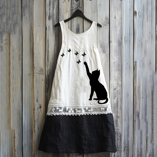 Vintage Abstract Creative Cute Black Cat  Play With Butterfly Art Linen Tank Dress elevenforest