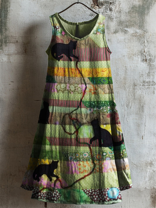 Comstylish Cats Floral Patchwork Fiber Art Linen Dress