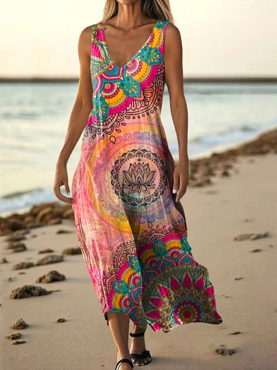 Women's Vintage Ethnic Floral Art Print Pocket Cotton Dress