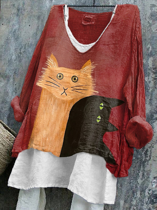 Women's Funny Cats Print Linen Blend Vintage Shirt elevenforest