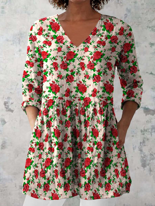 Women's Retro Floral Art Print Casual Cotton And Linen V-neck Top