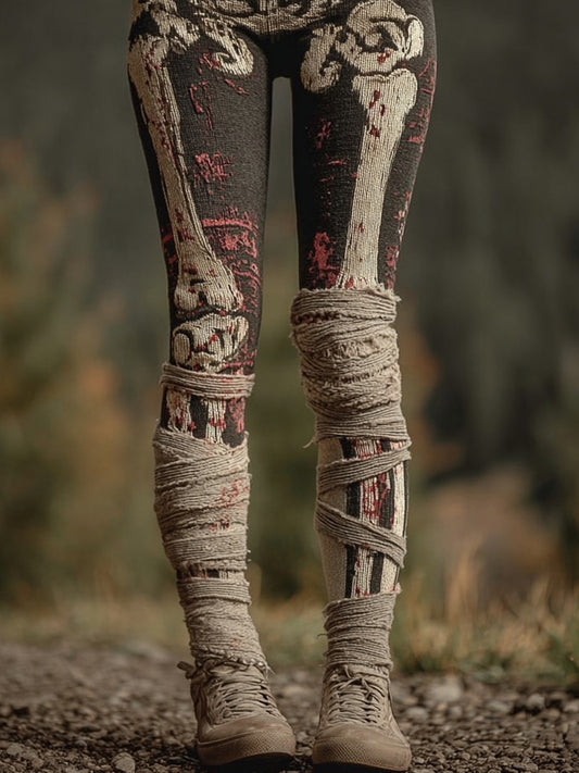 Vintage Halloween Skeleton Bandage Art Cozy Knit Leggings artswardrobe