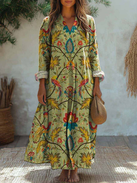 Women'S Vintage Floral Pattern Long-Sleeved Cotton And Linen Dress