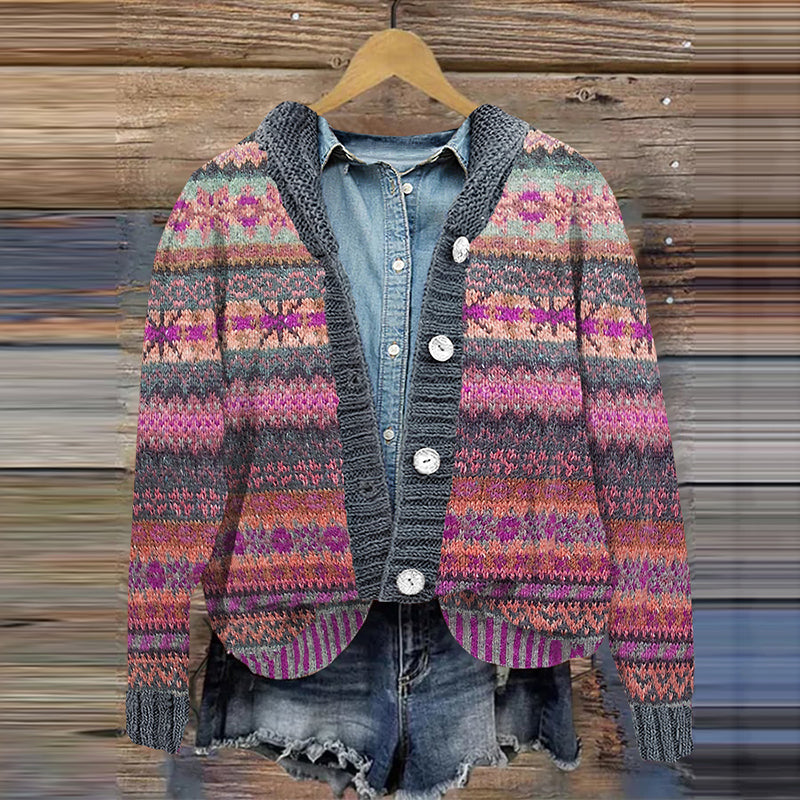 Vintage Knitted Snowflake Geometric Print Button Hooded Cardigan elevenforest