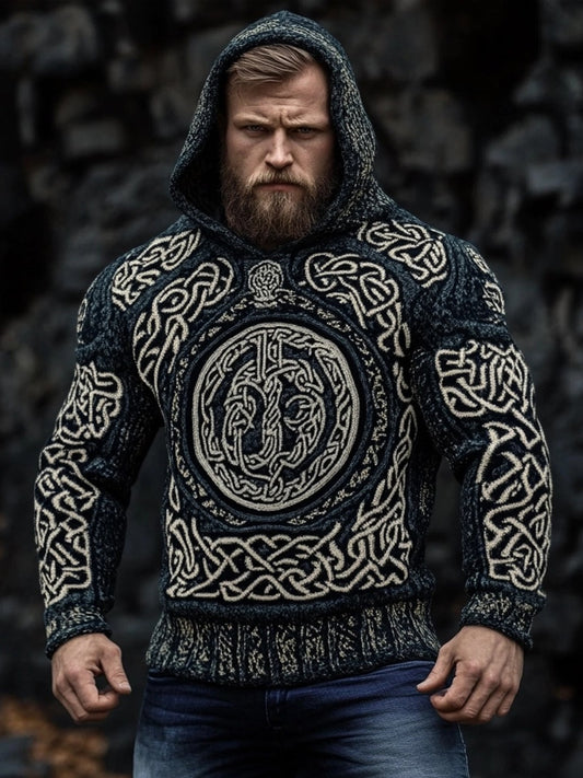 Men's Viking Wolf Celtic Jacquard Cozy Hooded Sweater artswardrobe