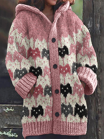 Lovely Colorful Cats Knit Art Cozy Hooded Cardigan elevenforest