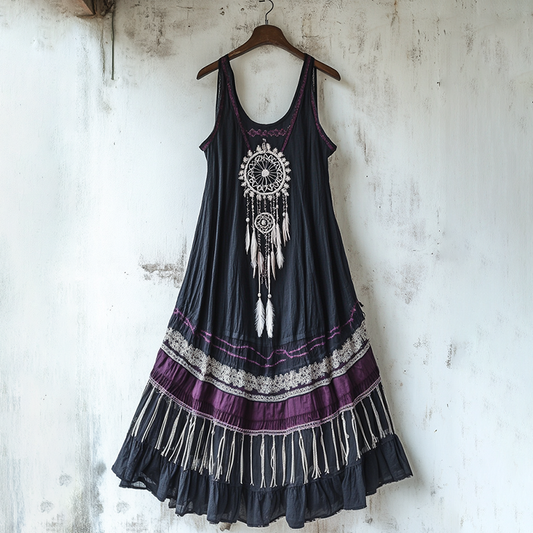 Bohemian Lace Floral Embroidery Art Linen Tank Dress artswardrobe