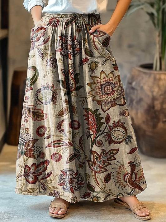 Women's Retro Ethnic Floral Art Print Cotton Skirt
