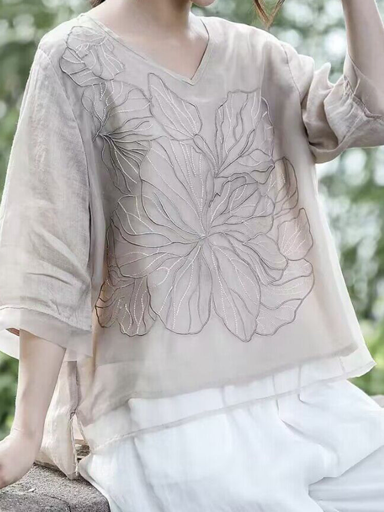 Comstylish Women's Floral Embroidery Linen Blend V-Neck Shirt