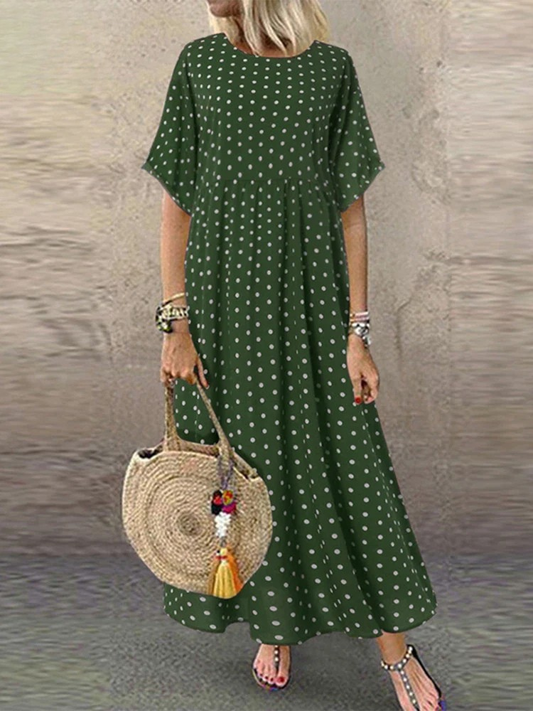LM | Polka Dot Ladies Midi Dress Bohemian Vacation Short Sleeve O-Neck Long Robe Vintage Loose Casual A-line Vestidos Summer