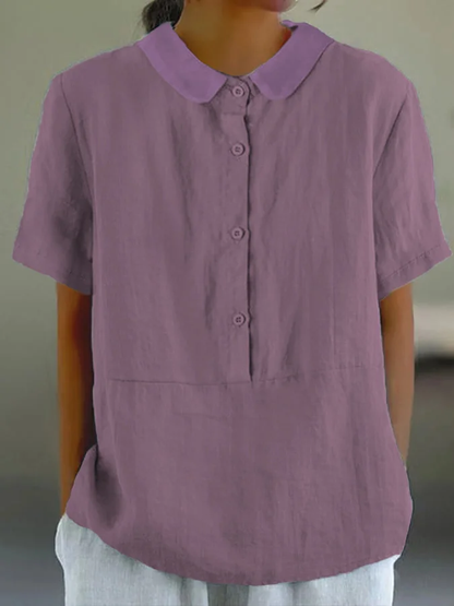 LM | Santorini - Women's plain-colored casual shirt with a round neckline and buttons.