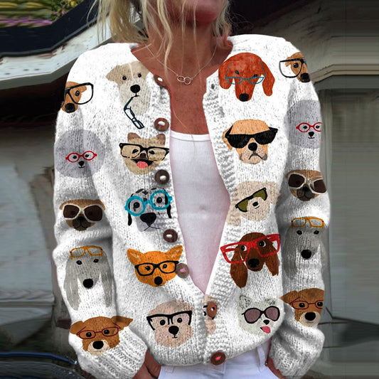 Comstylish Cute Dog Print Long Sleeve Casual Knitted Cardigan
