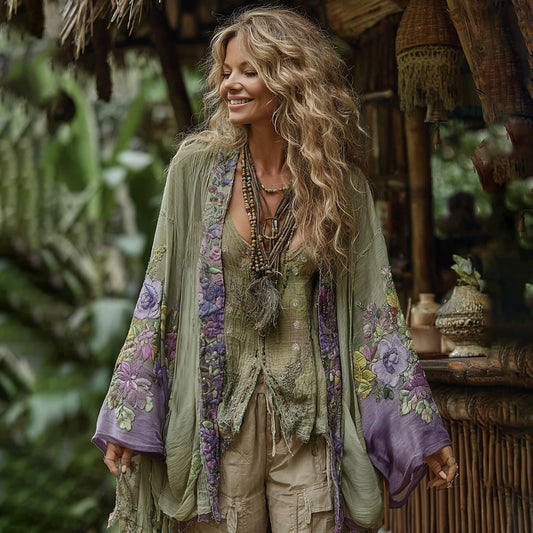 Comstylish Classic Bohemian Floral Art Embroidery Print Cotton And Linen Blend Kimono Cardigan