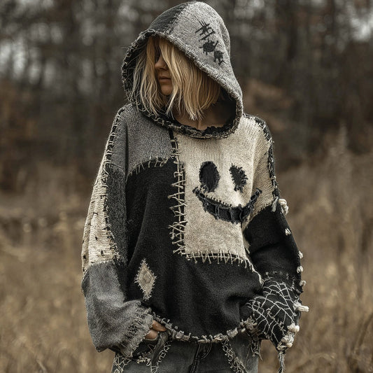 Halloween Spooky Face Patchwork Stitched Cozy Knit Hooded elevenforest