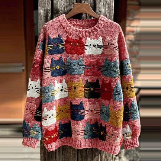 Women's Colorful Cats Pattern Art Cozy  Knit Sweater elevenforest