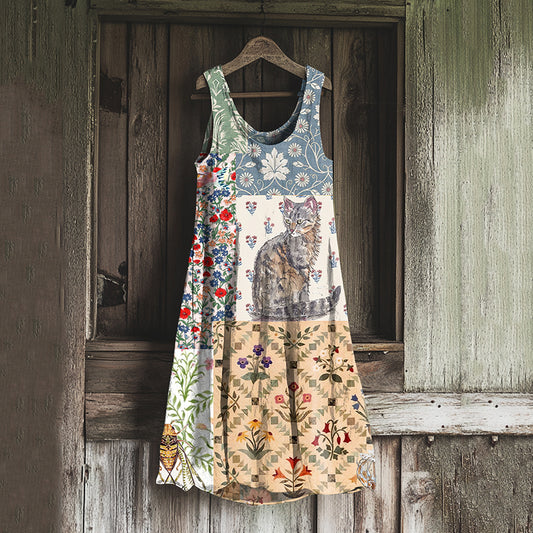 Vintage Patchwork Cute Cat And Floral Art Linen Tank Dress