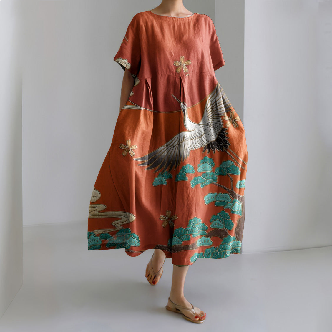 Comstylish Women Crane Floral Art Printed Casual Midi Dress